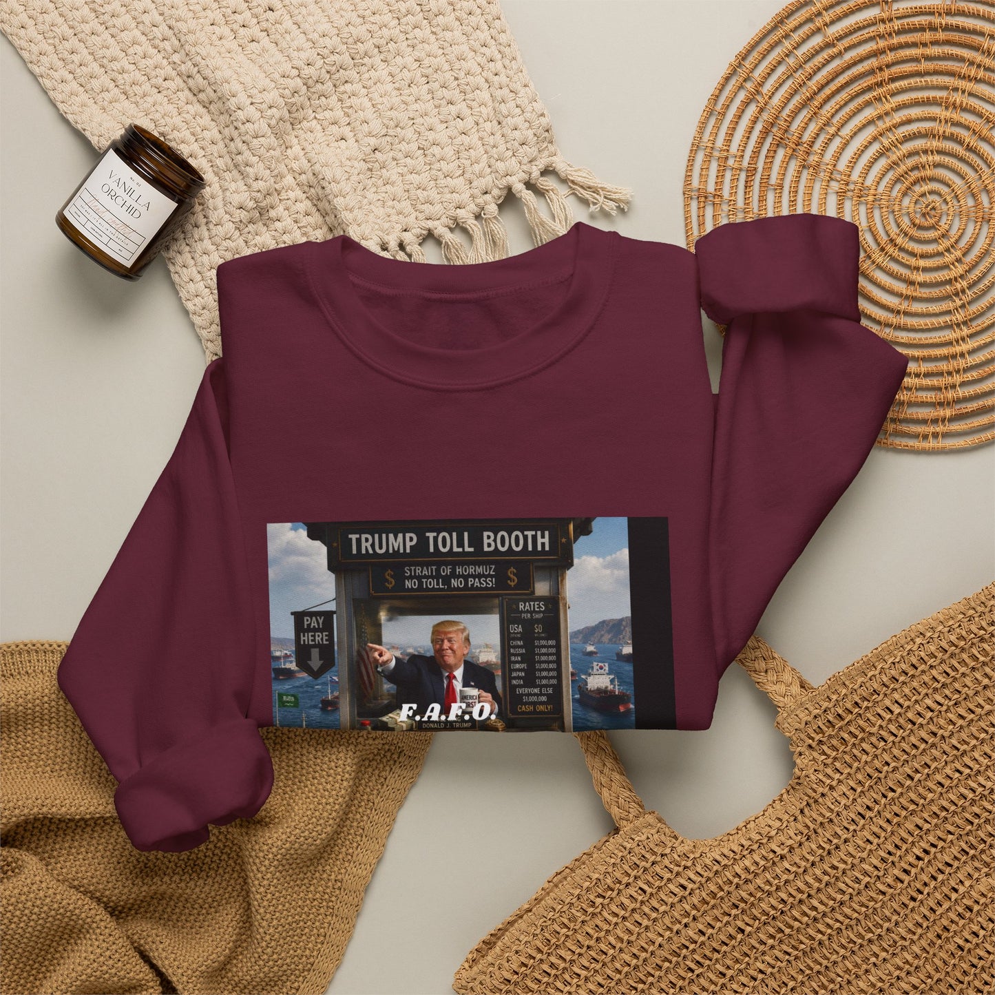 Political Satire Crewneck Sweatshirt — 'Trump Toll Booth' Graphic