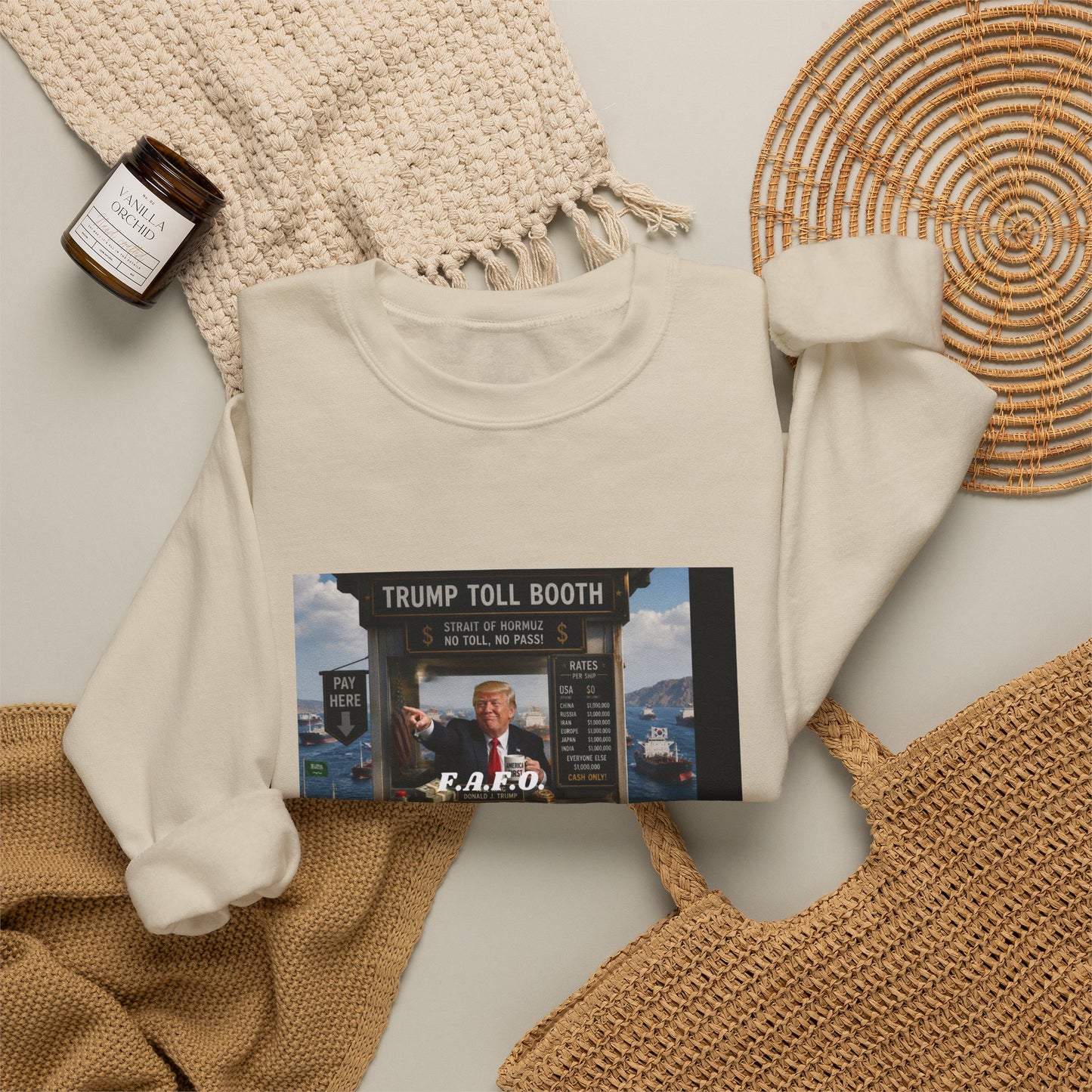 Political Satire Crewneck Sweatshirt — 'Trump Toll Booth' Graphic