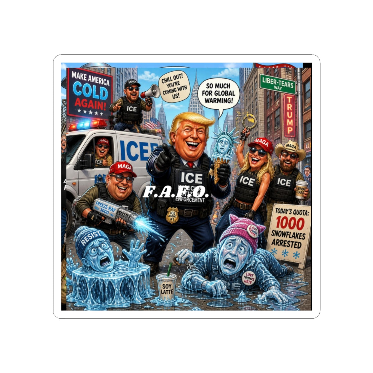 Political Satire Sticker — ICE Trump Cartoon "Make America Cold Again"