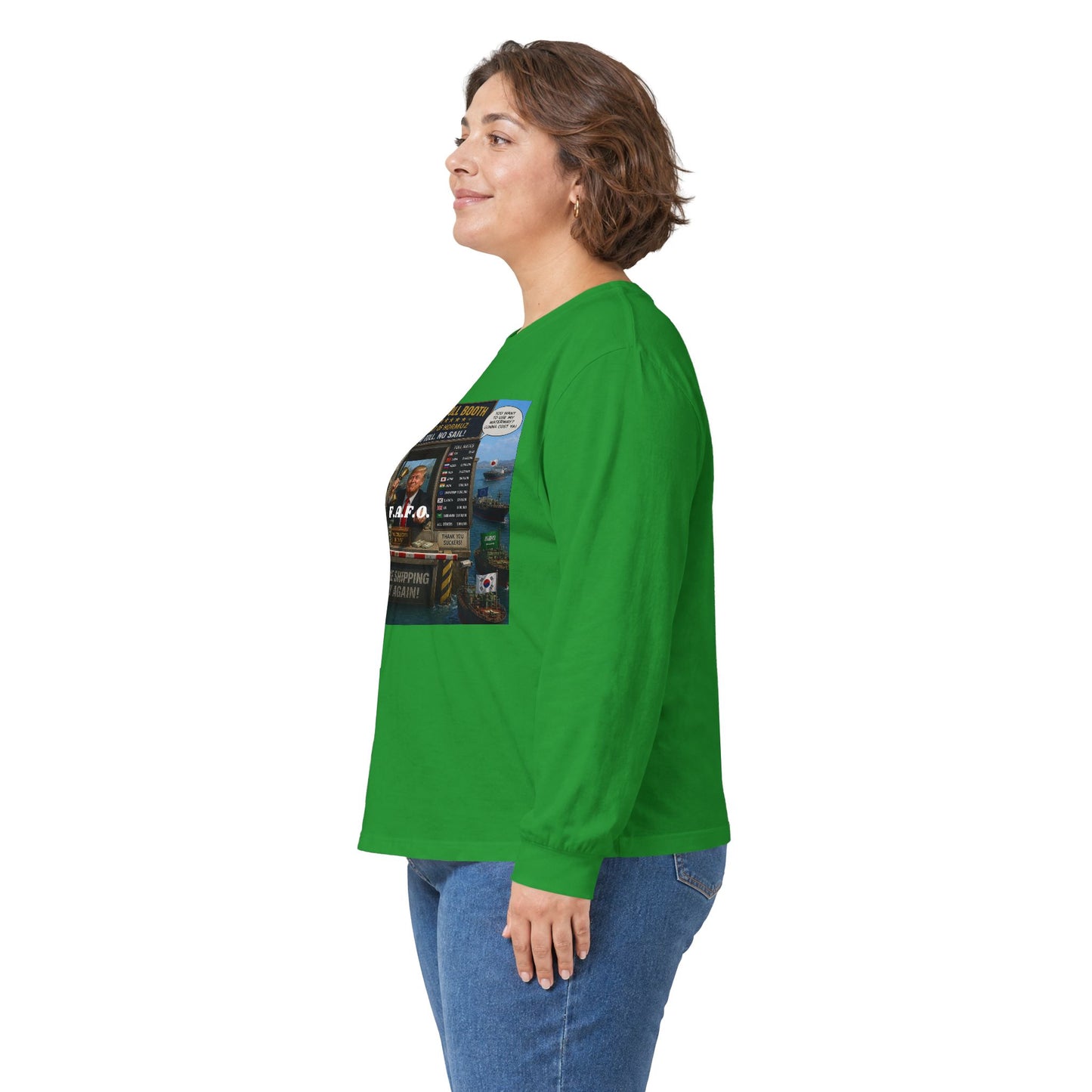 Long Sleeve Tee — Retro Arcade Collage "Trump Toll Booth" Design