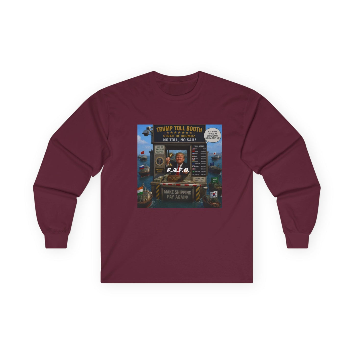 Long Sleeve Tee — Retro Arcade Collage "Trump Toll Booth" Design