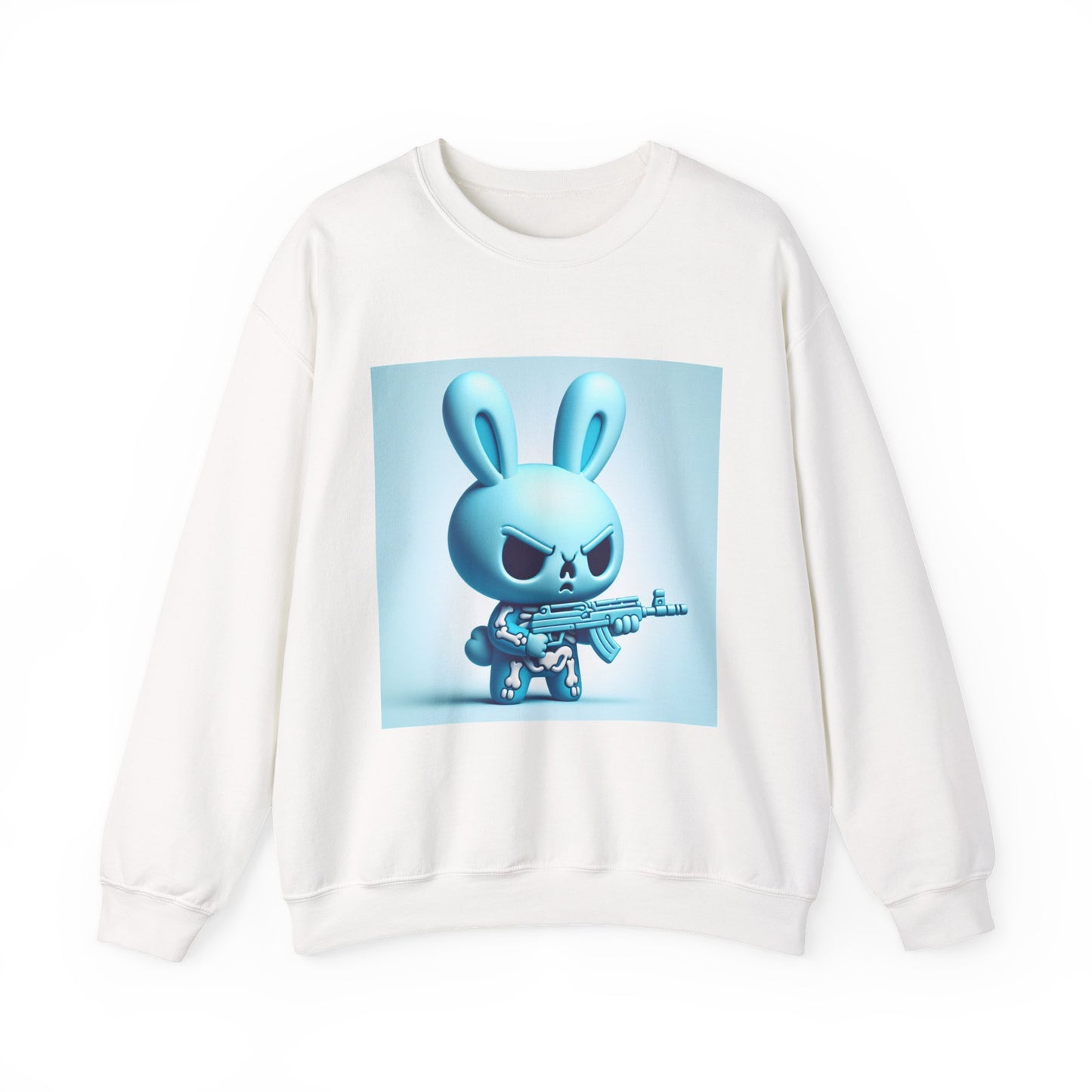 Bunny Soldier Crewneck Sweatshirt — Blue Cartoon Bunny with Rifle (The FAFO Society)