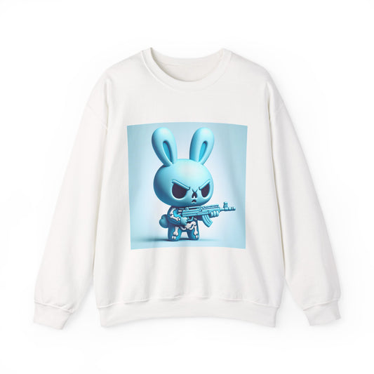 Bunny Soldier Crewneck Sweatshirt — Blue Cartoon Bunny with Rifle (The FAFO Society)