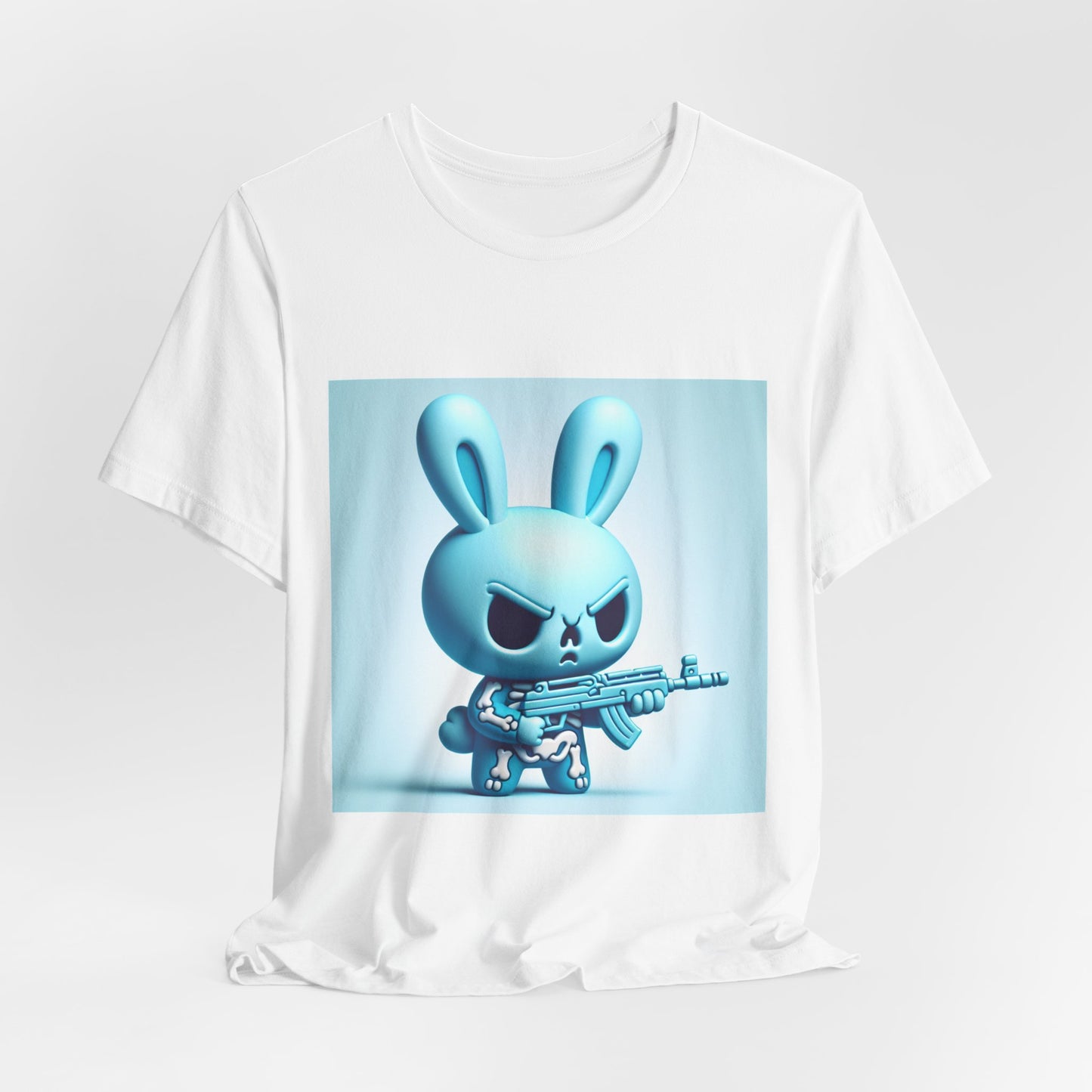 Angry Blue Bunny Tee — Cute Badass Cartoon Bunny with Rifle Graphic T-Shirt