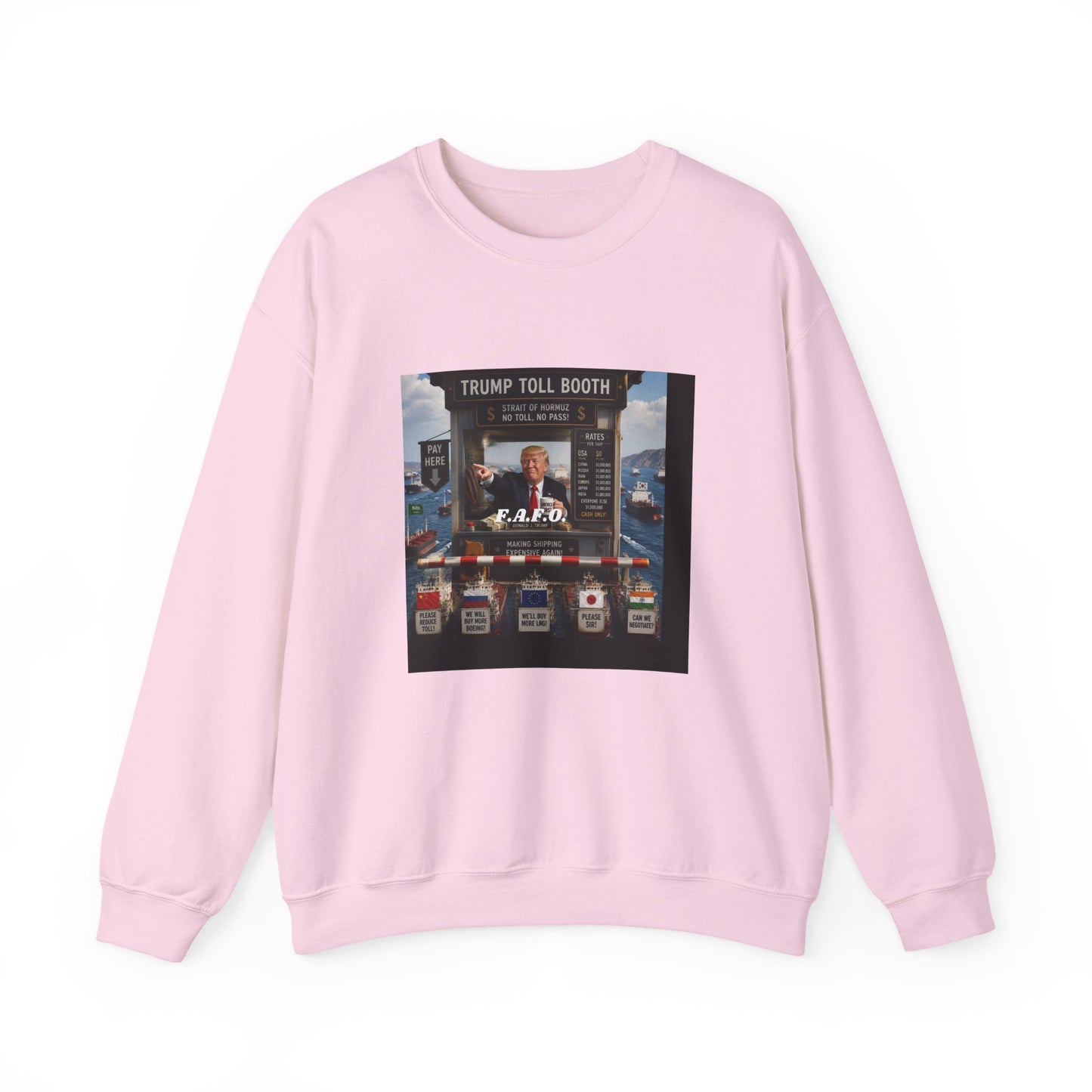 Political Satire Crewneck Sweatshirt — 'Trump Toll Booth' Graphic