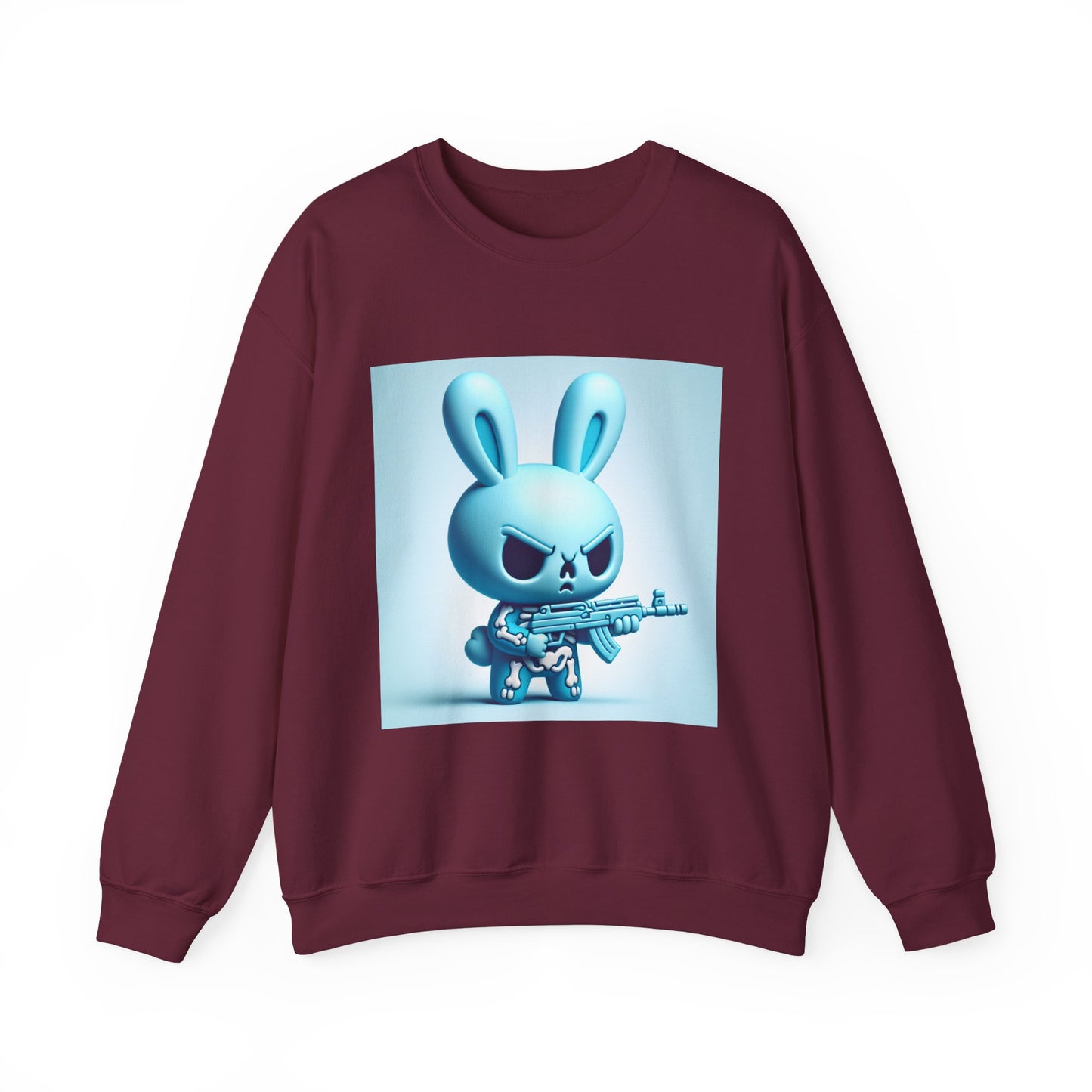 Bunny Soldier Crewneck Sweatshirt — Blue Cartoon Bunny with Rifle (The FAFO Society)