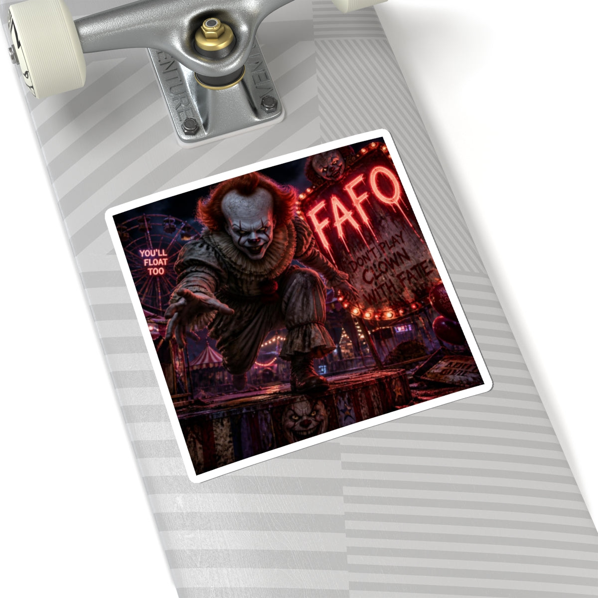 Horror Clown Kiss-Cut Sticker – 'You'll Float Too' Scary Carnival Decal